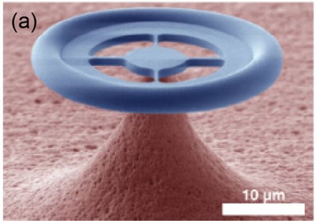Electron microscopy image of a microcavity that was used to demonstrate parametric coupling between light and this mechanical oscillator. Taken from Ref. [1].